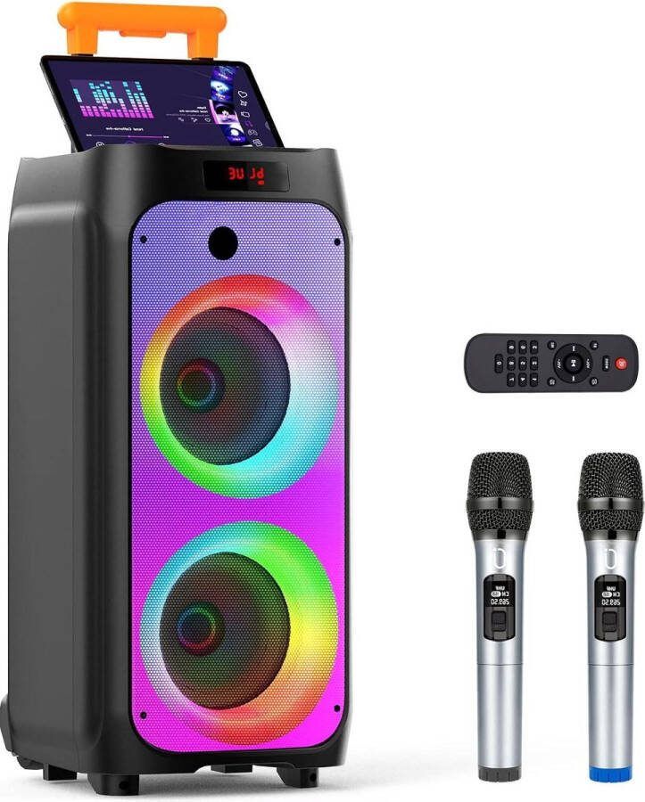 Karaoke set met 2 draadloze microfoons Grote luidspreker Bluetooth Wielen en discolampen Subwoofer PA-systeem Party karaoke-machine Ondersteuning TWS USB SD-kaart AUX Rec