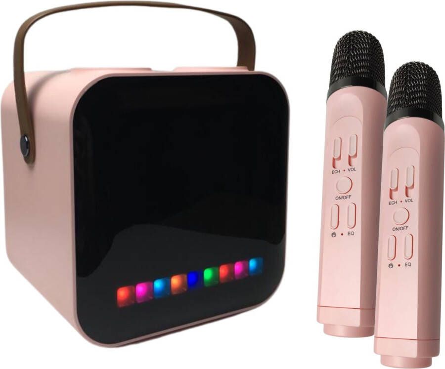 Karaoke Set Met 2 Draadloze Microfoons Partybox Bleutooth Speaker Draadloos Microfoon Karaoke Party Speaker Met LED Verlichting Karaokesets Roze
