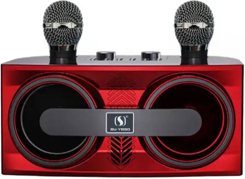 Karaoke set- Rood- Professioneel- Draadloos- Bluetooth met 2 draadloze microfoons- Draagbaar- USB AUX TF