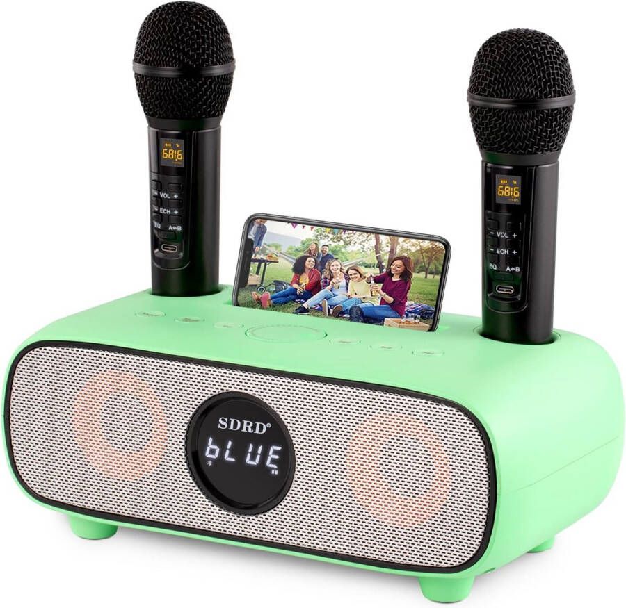 Karaokemachine Bluetooth PA-Systeem met 2 Draadloze Microfoons 15W Luidsprekers Mobiele Telefoonhouder USB TF-Kaart UX Ingang