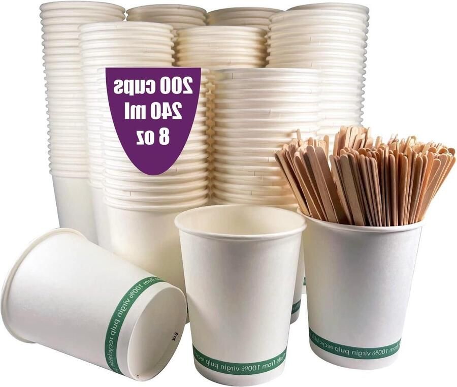 Kartonnen wegwerp koffiebekers wit 240 ml 200 stuks met houten stokjes