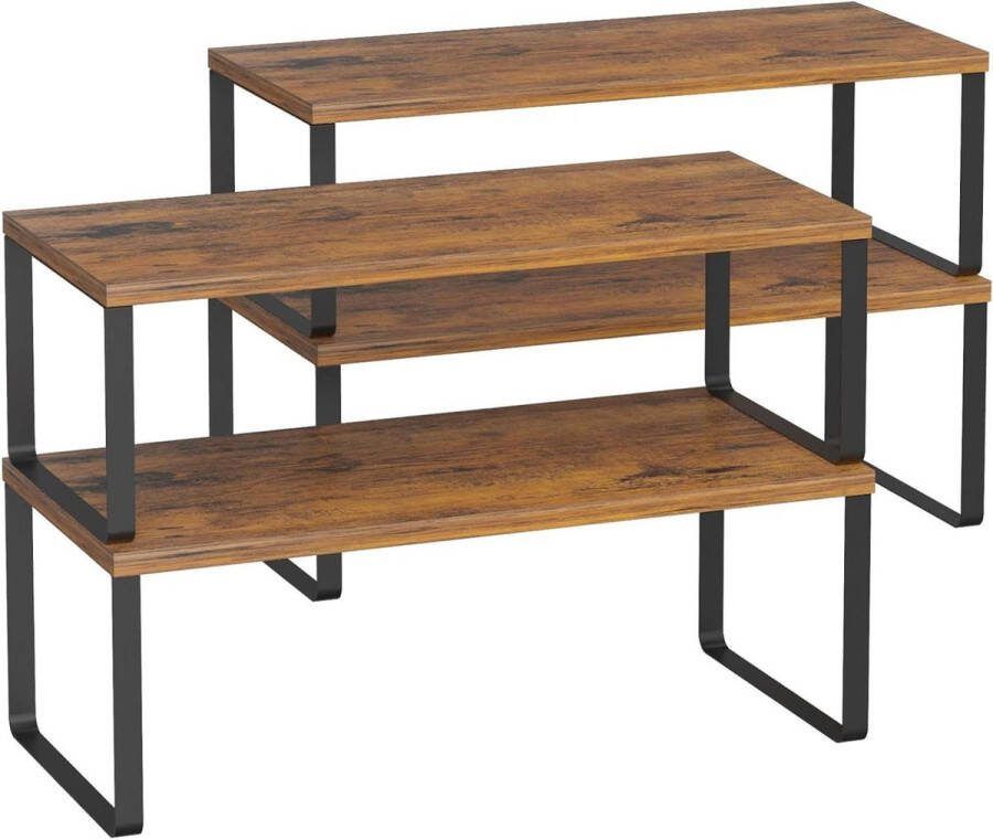 Kastplankorganizer uitbreidbaar en stapelbaar 4-pack voor keuken en bijkeuken metaal en hout B 156 inch rustiek bruin zwart Opbergrek