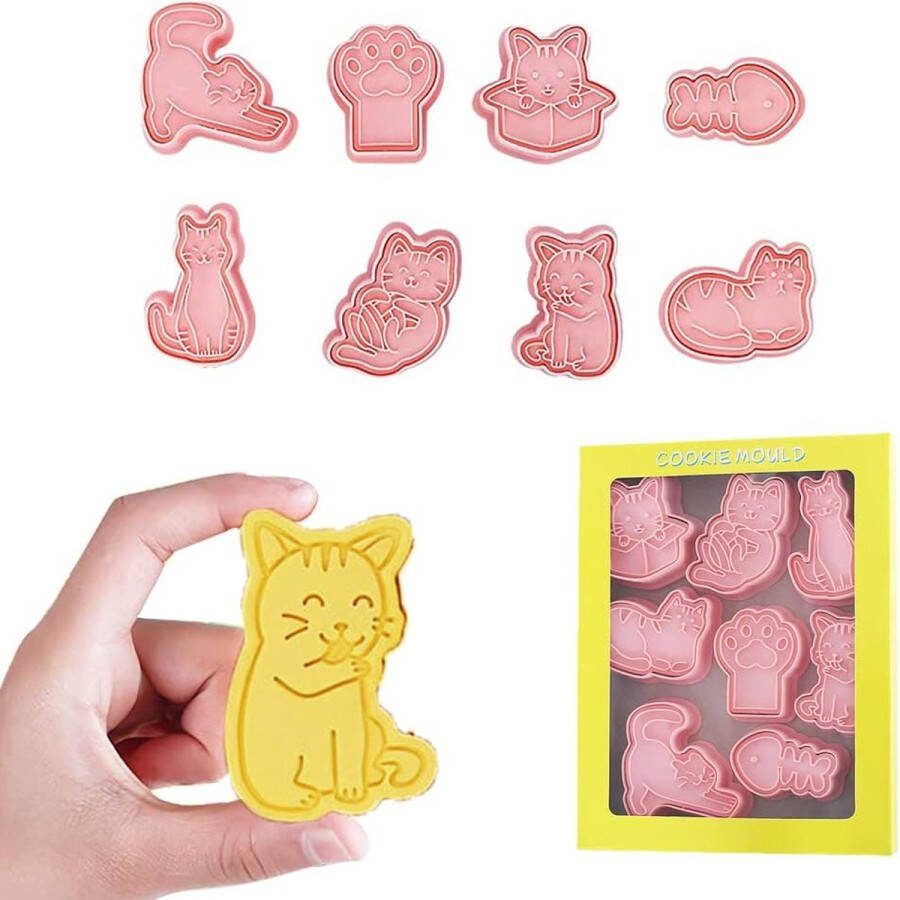 Kat Cookie Cutters Set 8 stuks Plastic Cookie Cutter Cartoon Biscuit Cutter Stampers Emboss Biscuit Cutters voor kinderen Biscuits Mal Koekjes Bakken Supplies kit voor DIY Biscuit Bakken Mallen
