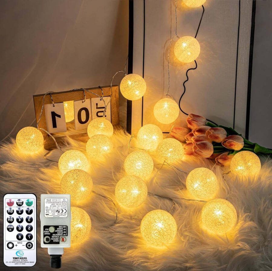 Katoenen ballen lichtsnoer 5 m 20 leds stekker 8 modi Ø 6 cm meisjes tieners Kerstmis bruiloft feest kamerdecoratie