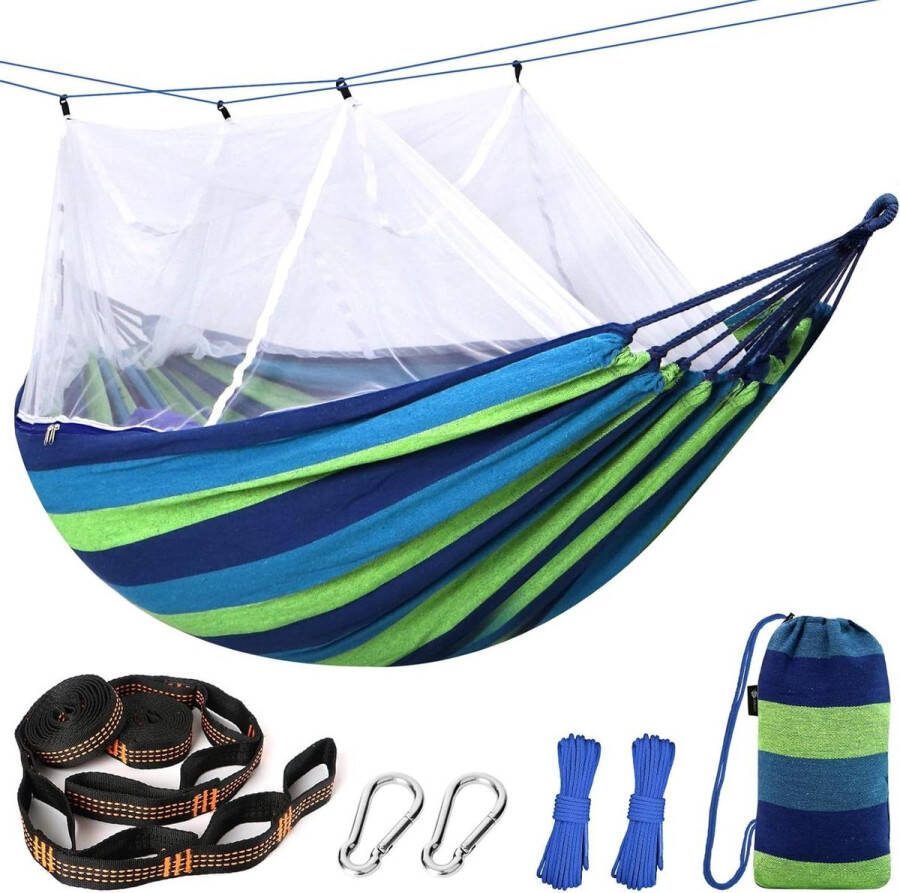 Katoenen hangmat met muggenstof en boomriemen stevig tot 450 pond reishangmat met gaas hangmat schommel voor buiten camping en backpacken