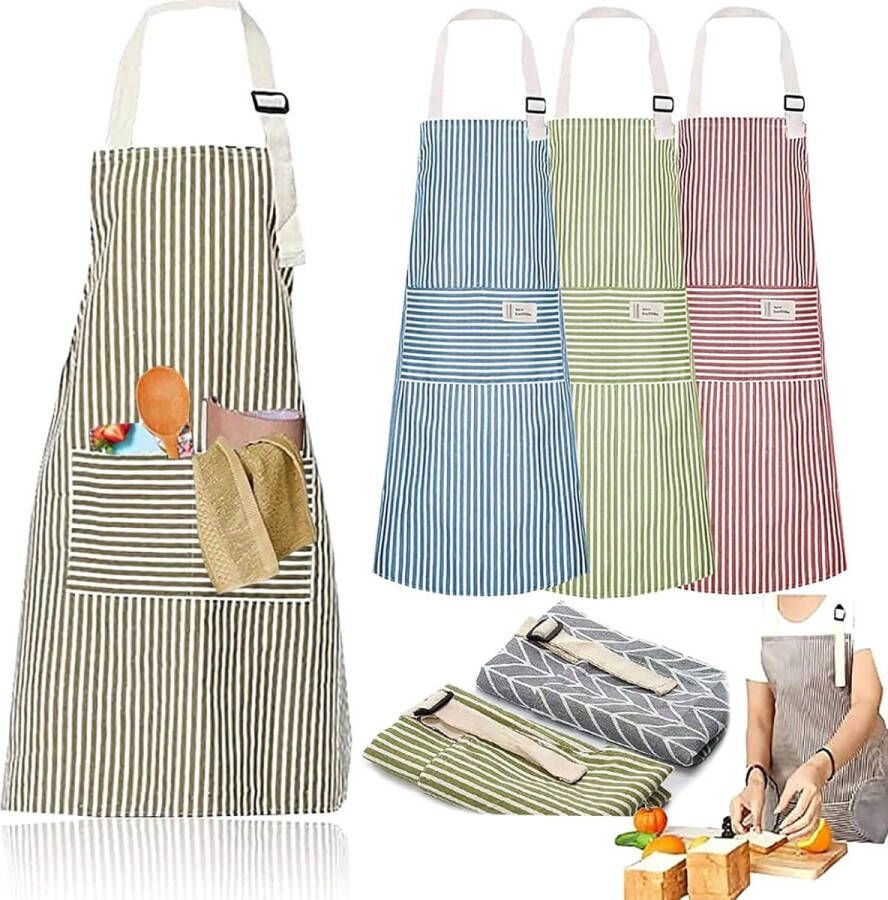 Katoenen keukenschort 4 stuks verstelbare schort met zakken voor dames en heren om te koken bakken schilderen huishoudelijk werk (blauw groen rood bruin) kleur