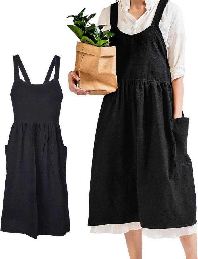 Katoenen Linnen Schort Japanse Stijl Damesschort met Grote Zakken Effen Kleur Literatuur Art Casual Schort voor Vrouwen Koken Chef Café Bloemenwinkel