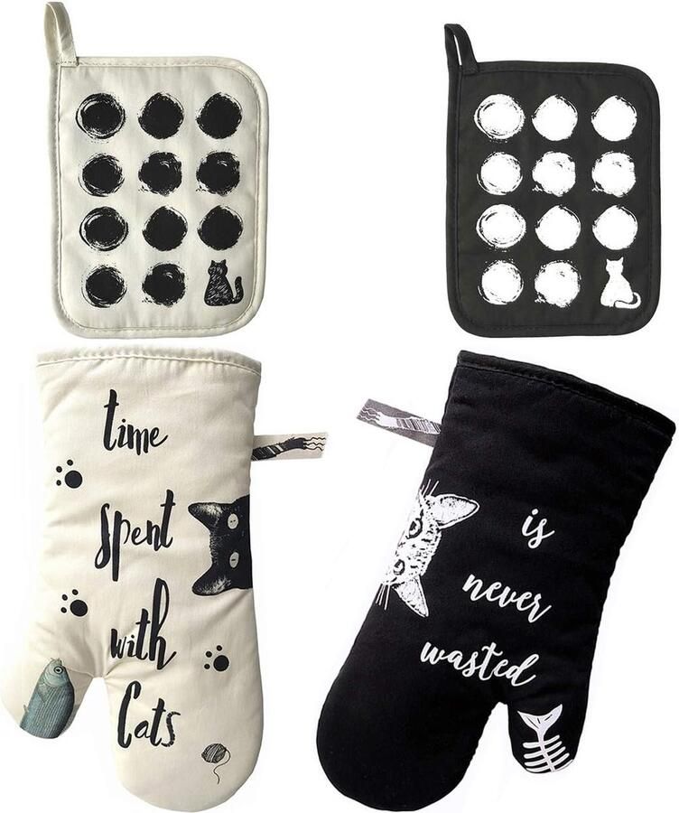 Katoenen ovenwanten en pannenlappen 4 stuks keukenset kattenprint (ivoorzwart 4-packs)