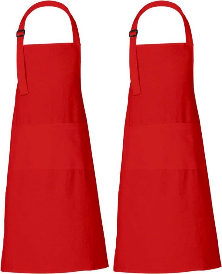 Katoenen verstelbare keukenschort heren dames kelnersschorten met 3 zakken voor hotelcafé en restaurant 69 x 89 cm rood L-27 X W-35