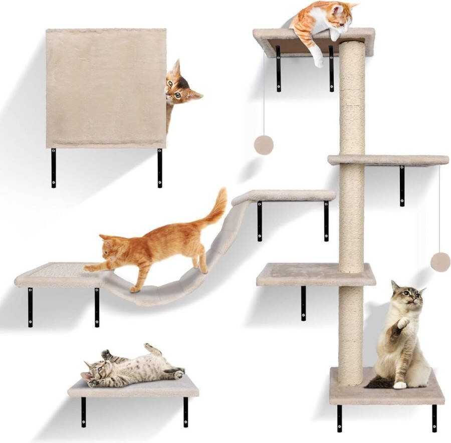 Katten Klimwand 10-delige Set Grote Hangbrug Sisal Krabzuilen Speel- en Rustrek met Spoorbal Ideaal Kattenmeubel voor Binnen tot 10 kg Perfect voor Actieve Katten