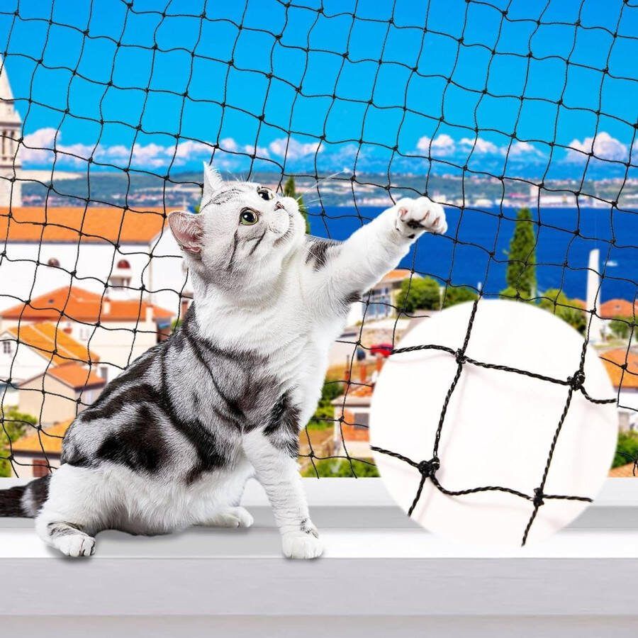Kattennet voor balkon 3 x 4 m kattenbeschermingsnet draadversterkt zonder boren voor ramen trappen terras zwart