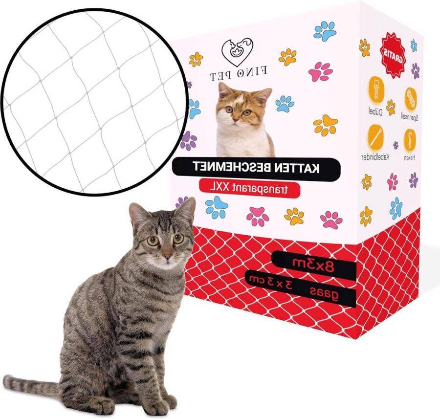 Kattennet voor balkon 8 x 3 meter transparant inclusief bevestigingsmateriaal kattenbeschermingsnet kattenrooster veiligheidsnet balkonnet voor katten zonder boren