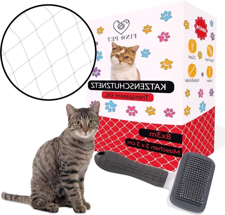 Kattennet voor balkon 8 x 3 meter transparant inclusief kattenborstel bevestigingsmateriaal veiligheidsnet kattenbeschermingsnet