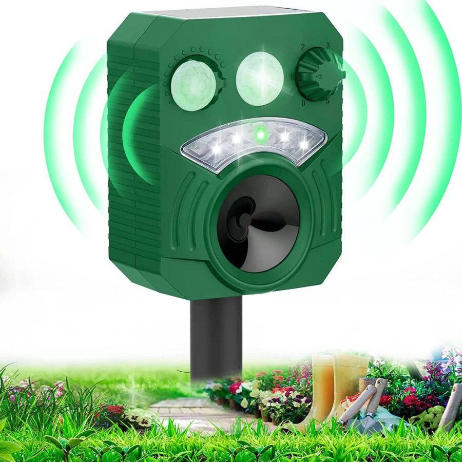 Kattenverjager op zonne-energie ultrasoon IP45 waterdicht met bewegingssensor 5 frequentiebereiken en rode knipperlichten