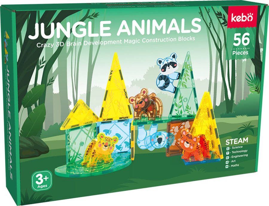 KEBO magnetisch speelgoed magnetic tiles magnetische tegels magnetische bouwstenen constructie speelgoed montessori speelgoed jungle dieren 56pcs KBDW-56SL