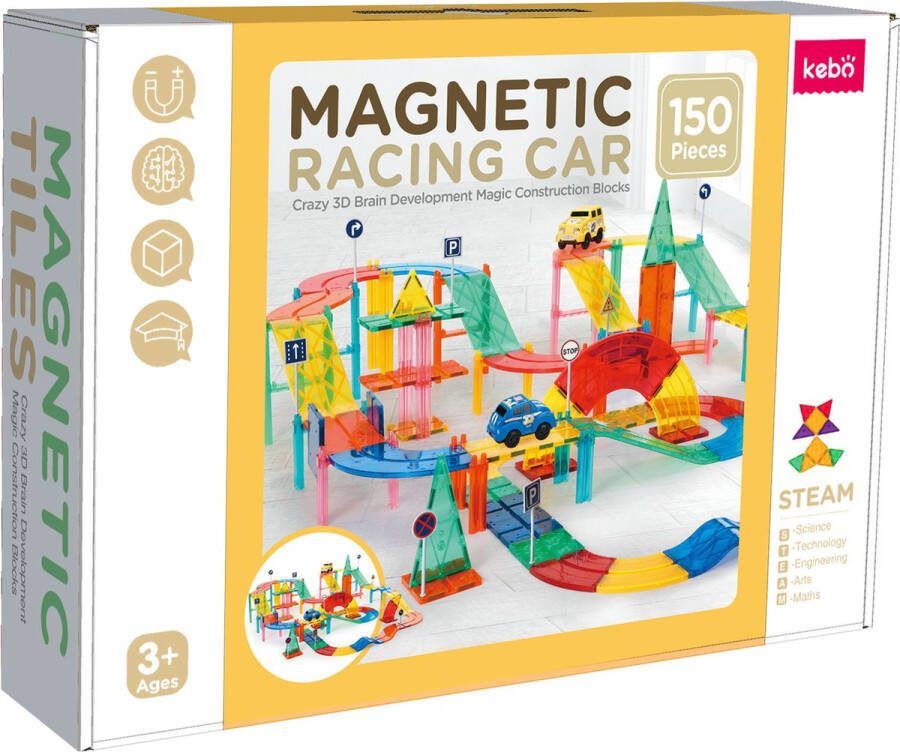 KEBO magnetisch speelgoed magnetic tiles magnetische tegels magnetische bouwstenen constructie speelgoed montessori speelgoed racebaan 150pcs KBGR-150