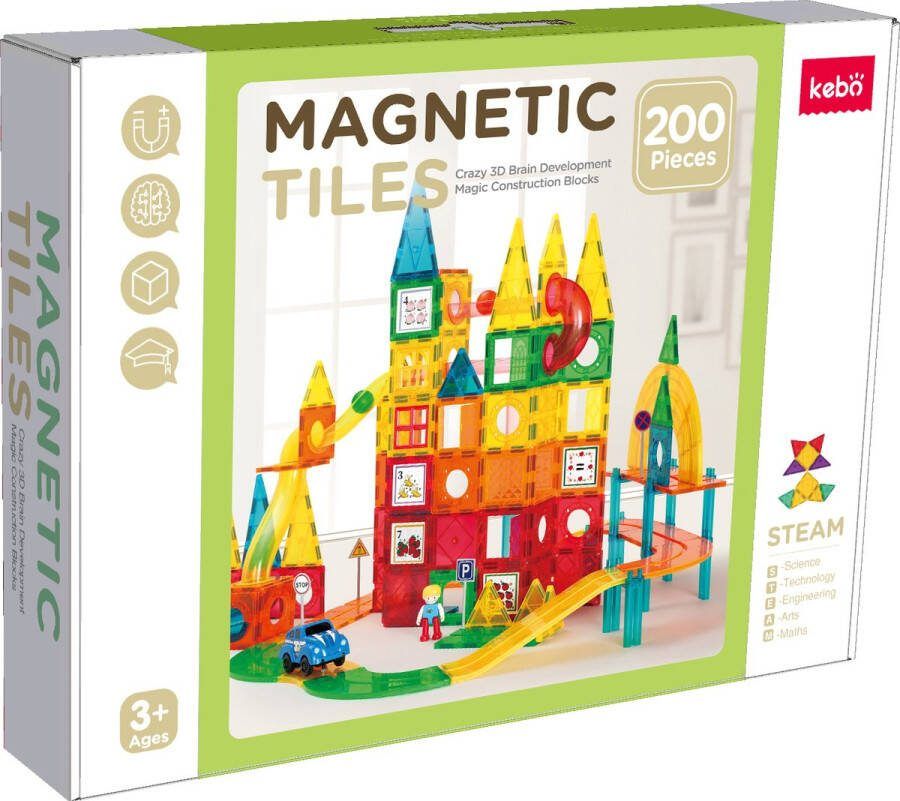 KEBO magnetisch speelgoed magnetic tiles magnetische tegels magnetische bouwstenen constructie speelgoed montessori speelgoed knikker autobaan 200pcs KBM-200
