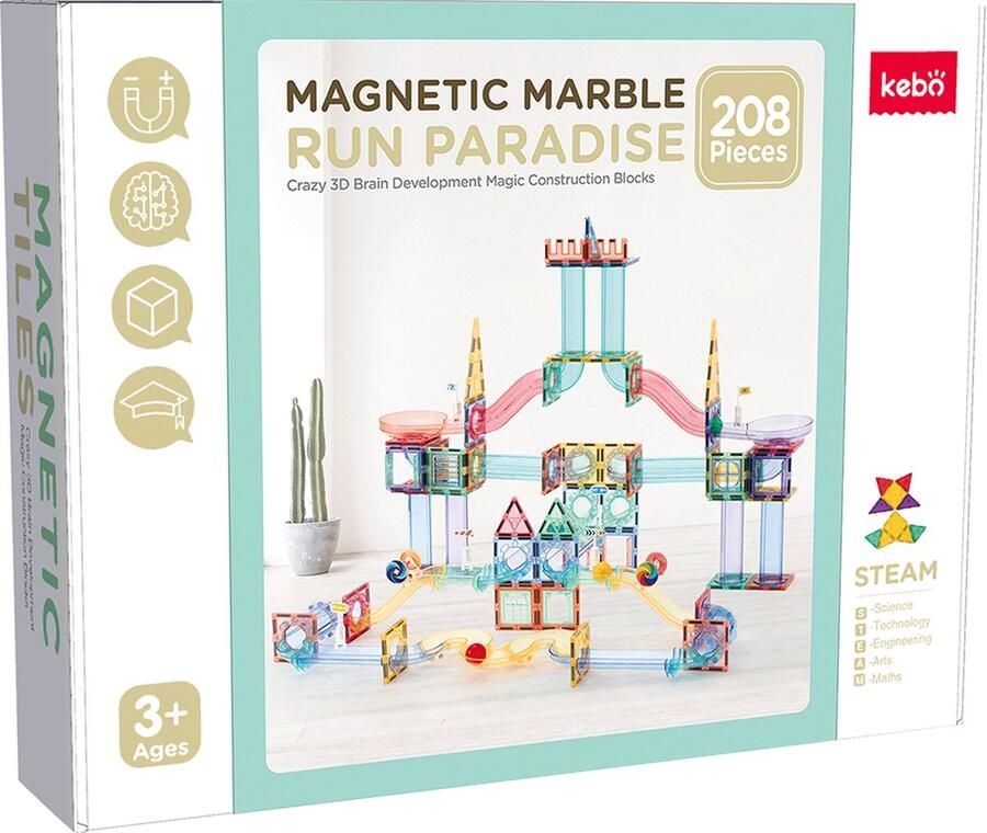 KEBO magnetisch speelgoed magnetic tiles magnetische tegels magnetische bouwstenen constructie speelgoed montessori speelgoed knikkerbaan 208pcs KBLG-208