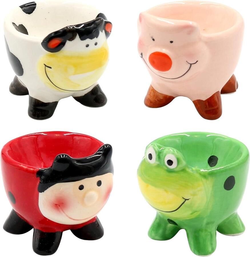 Keramiek eierdopje dieren set van 4 kikker lieveheersbeestje koe varken 6x5x6 cm kleurrijk