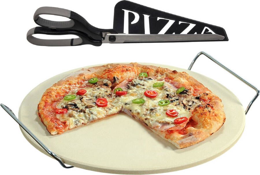 Trendo Keramieken pizzasteen rond 33 cm met handvaten Met zwarte pizzaschaar 30 cm BBQ oven pizza stone