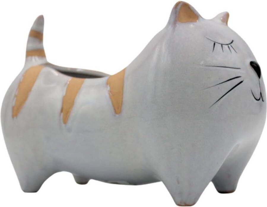 Keramieken plantenpot decoratieve schaal kat motief lichtgrijs 21x12x14 cm