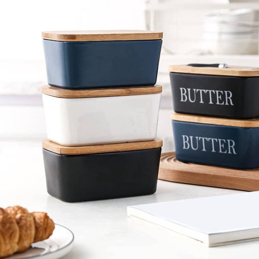Keramische Botervloot 600ML met Botersnijder Porseleinen Botercontainer Bamboe Deksel Verwijderbare Siliconen Afdichtring Blauw