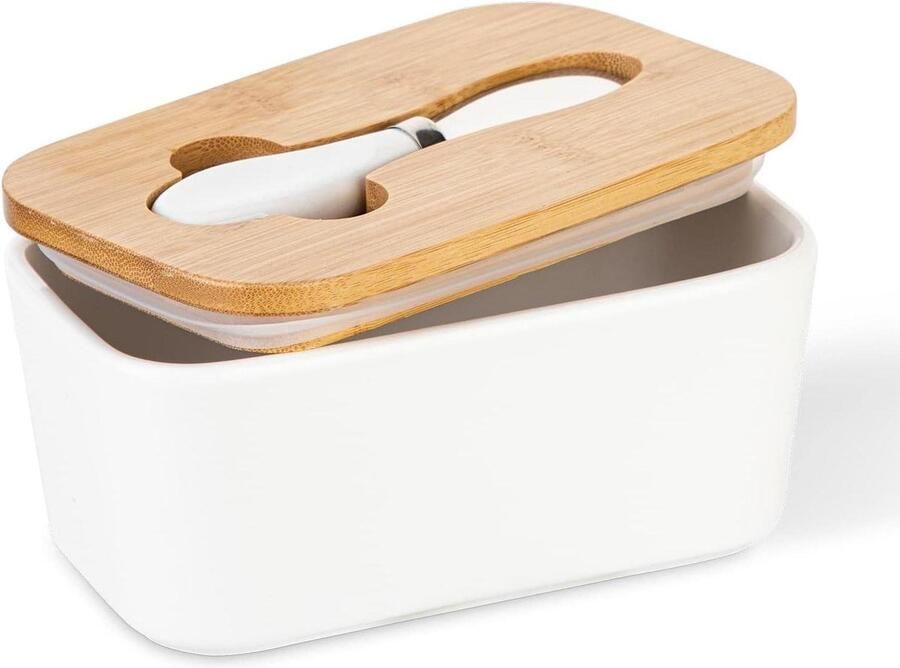 Keramische botervloot met bamboe deksel en multifunctioneel botermes van roestvrij staal botercontainer met siliconen afdichting boterdoos voor noten wit butter dish with lid