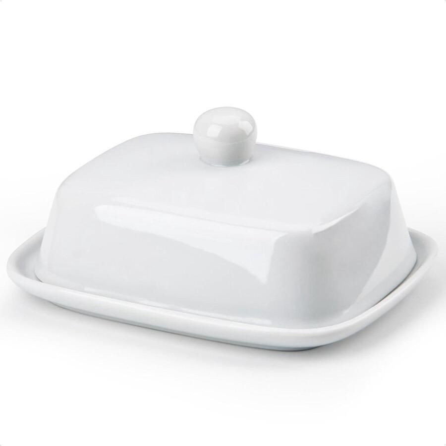 Keramische Botervloot met Deksel en Handvat Kleine Bedekte Boterschaal Porseleinen Boterschotel voor Aanrecht Keuken Boerderij Europese Boter Tray (Wit)