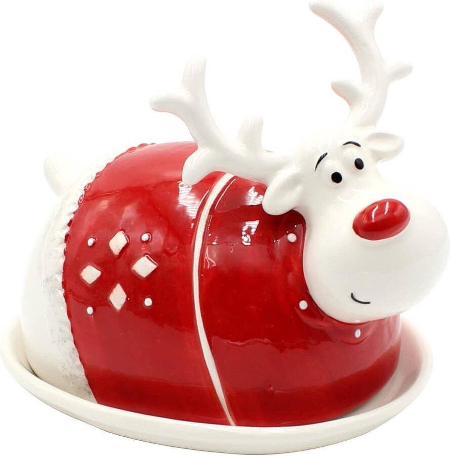 Keramische botervloot met elandmotief afmetingen L B H 16 x 13 x 14 cm butter dish with lid