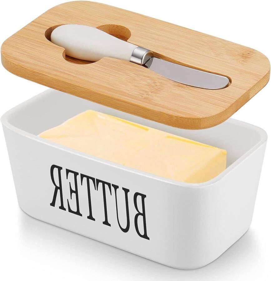 Keramische botervloot multifunctionele emaille boterboot met houten deksel hoogwaardige botercontainer met siliconen afdichtlip 250 g boter wit butter dish with lid