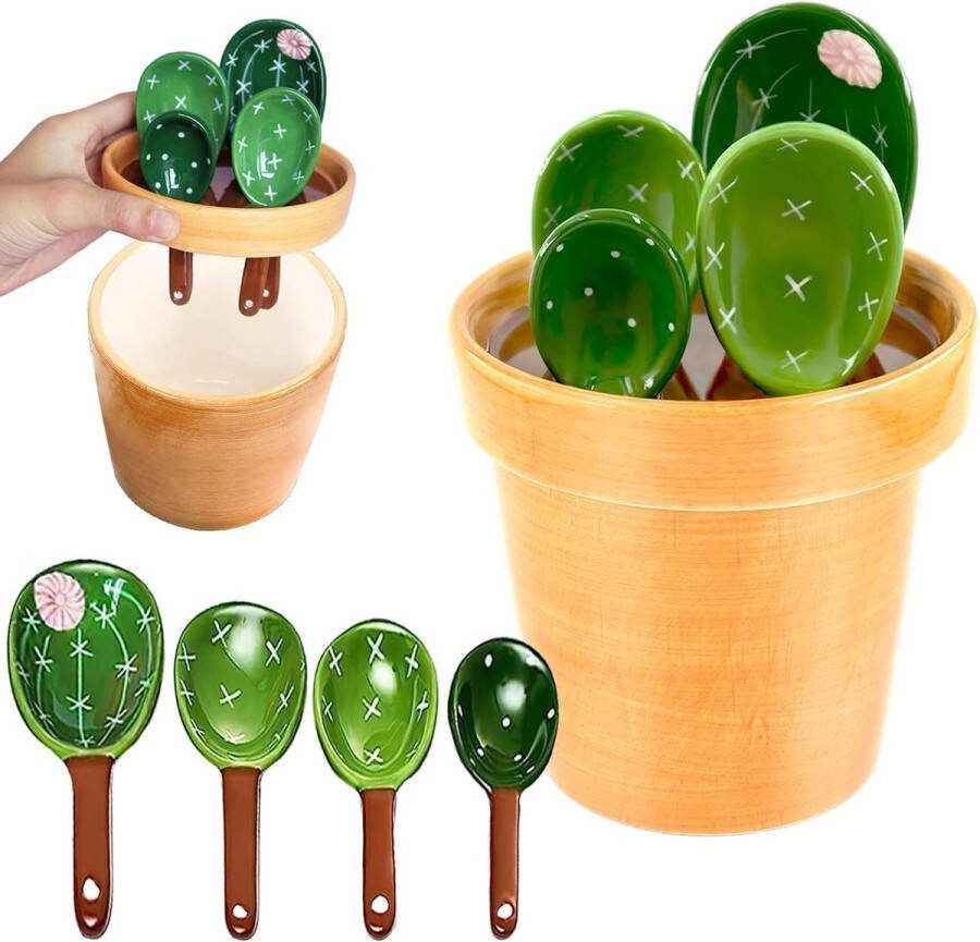 Keramische cactus maatlepels set schattige 5-delige maatbekers en lepels keuken organizer voor droog en nat meten vloeibaar voedsel zout en suiker Kawaii lepel met basisbeker (groen)