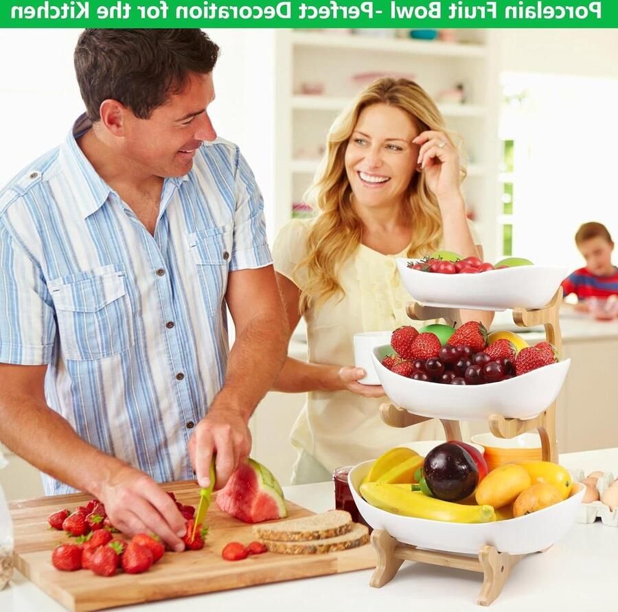 Keramische fruitetagère met 3 etages ruimtebesparende fruitmand stabiel en zonder te morsen fruitschaal modern met bamboestandaard voor groenten gezin
