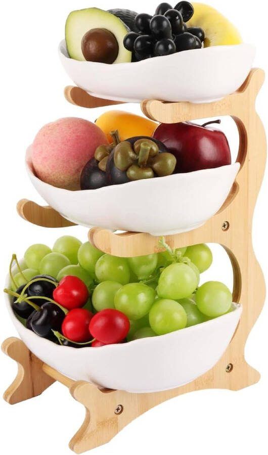 Keramische fruitetagère met 3 etages wit meerlaagse keramische fruitbak bamboehouten houder fruitcake staande 3 verdiepingen keramische fruitschaal fruitmand groenten fruit friut basket