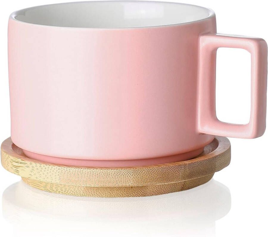 Keramische koffiekop (310 ml) met houten cups koffiekopjes set voor cappuccino latte espresso Americano mokka thee (mat roze