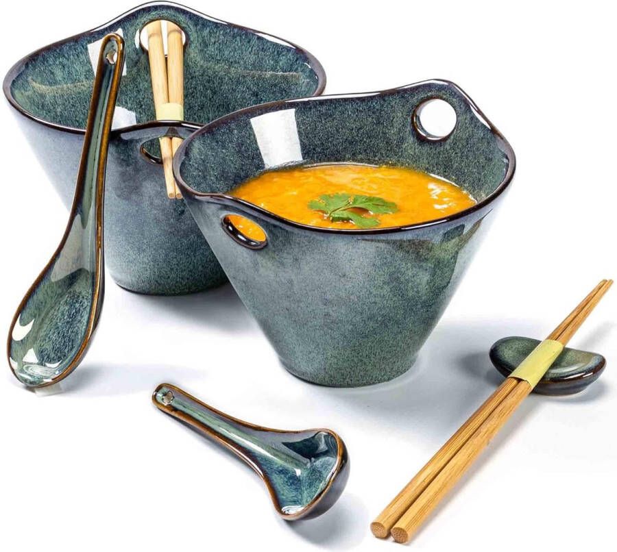 Keramische kom set Ramen soepkommen inclusief eetstokjes en lepel Green Bowl keramische set voor 2 personen voor soep ramen en sushikom 600 ml