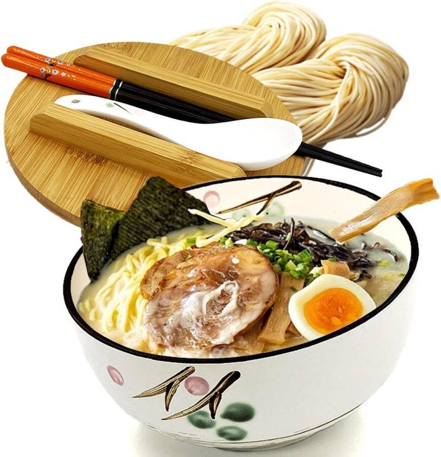 Keramische Kommenset Japanse Ramen Kom Instant Noedelschaal met Deksel en Eetstokjes Aziatisch Servies Set voor Pho Soepkommen en Mueslikommen Wit