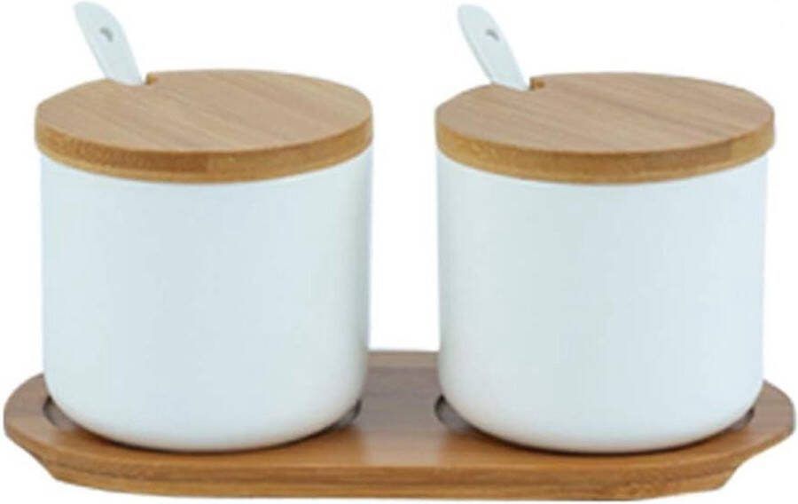 Keramische kruidenpotjes set zoutpot en suikerpot met lepel en bamboe deksel voor thee suiker zout en specerijen Zoutpot