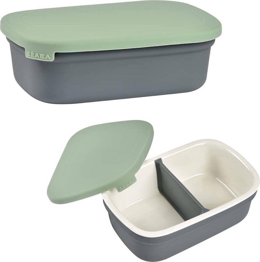 Keramische lunchbox Bentos babymaaltijden keramische snack- maaltijdbox siliconen hoes gezonde materialen compatibel met oven en magnetron 540 ml mineraal saliegroen