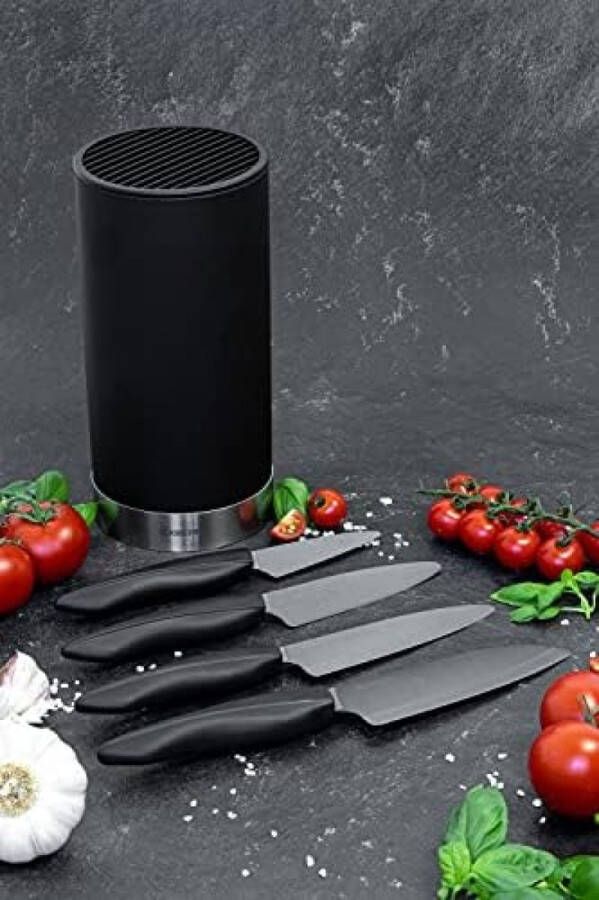 Keramische messenset met SHIN BLACK schilmes universeel mes en santoku mes en rond messenblok voor 8 messen