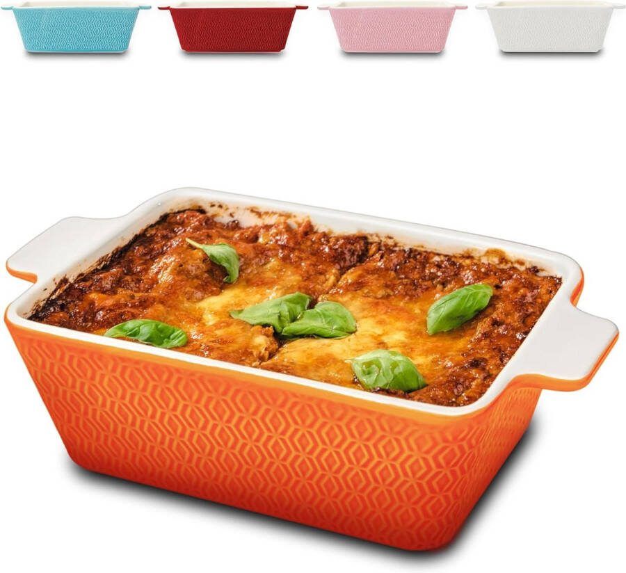 Keramische ovenschaal voor 2 personen voor lasagne tiramisu & ovenschotel Extra hoge rand hoekig oranje-rood
