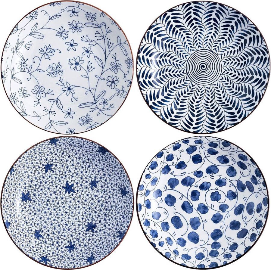 Keramische pastabordenset van 4 blauw en wit porselein 20 cm saladeschalen diner platte borden serveerschaal voor hapjes salade dessert en snacks (20 cm)