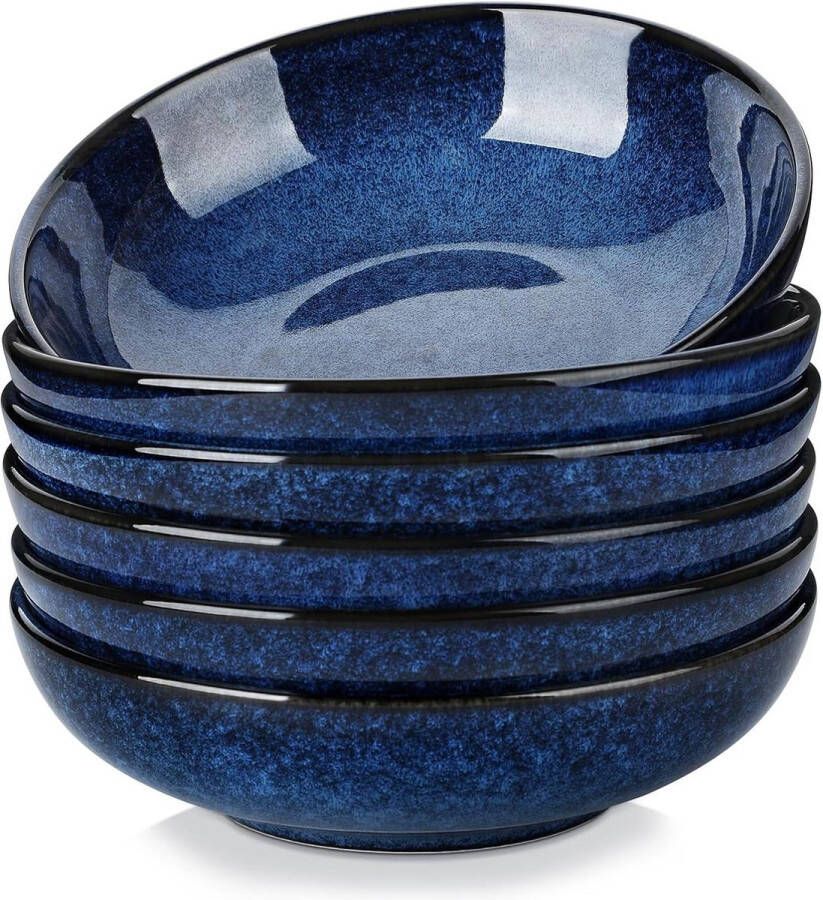 Keramische pastakom Set van 6 30 oz Grote slakommen Magnetronbestendige soepkommen Blauwe aardewerk kom set