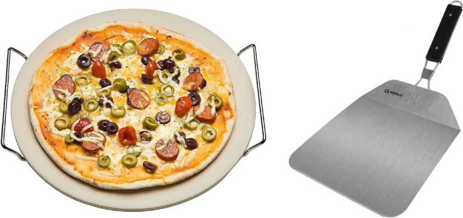 Trendo Keramische pizzasteen rond 33 cm met handvaten Met inklapbare RVS pizzaschep 25 cm BBQ oven pizza stone