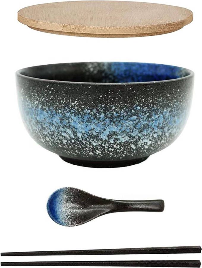 Keramische Ramen Bowl Set 4 Stuks Inclusief Lepel en Eetstokjes 1100 ML Grote Soepkom Geschikt voor Soep Pho en Sushi Blauw
