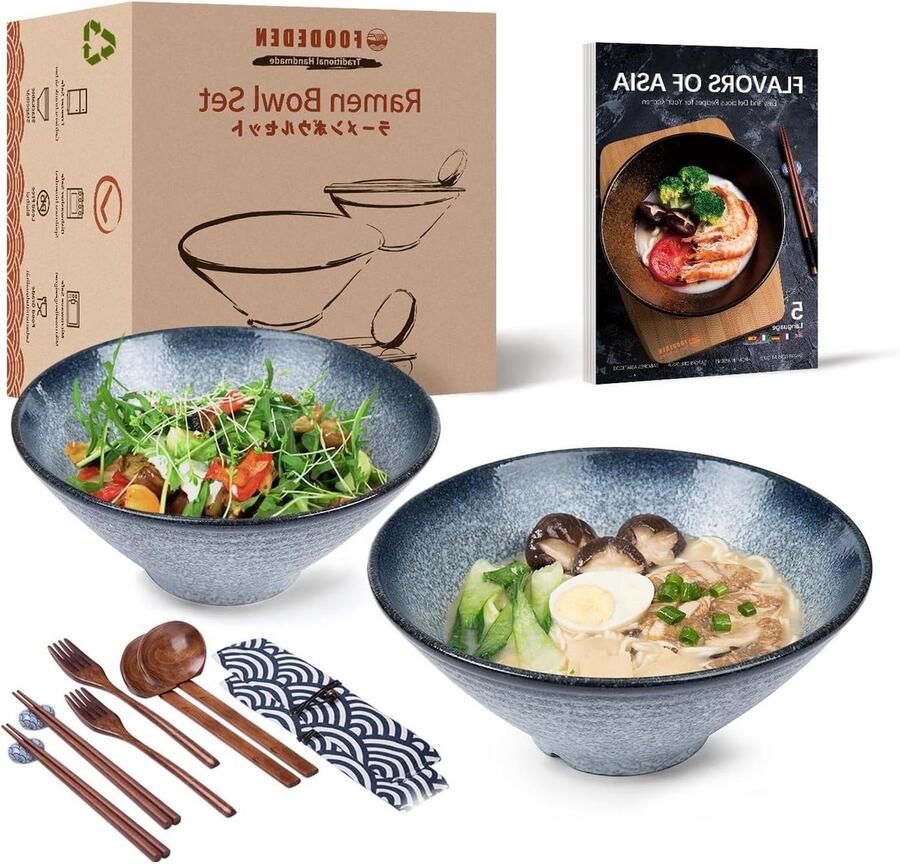 Keramische soepkom set 2 x 1500 ml Ramen Bowl grote Japanse pastakommen servies set voor Udon pasta pho soba muesli salade
