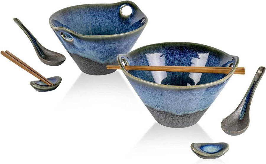 Keramische soepkommen lepels vorken eetstokjes set noedelkommen granen salade soep magnetronbestendig 2 x 780 ml (blauw)