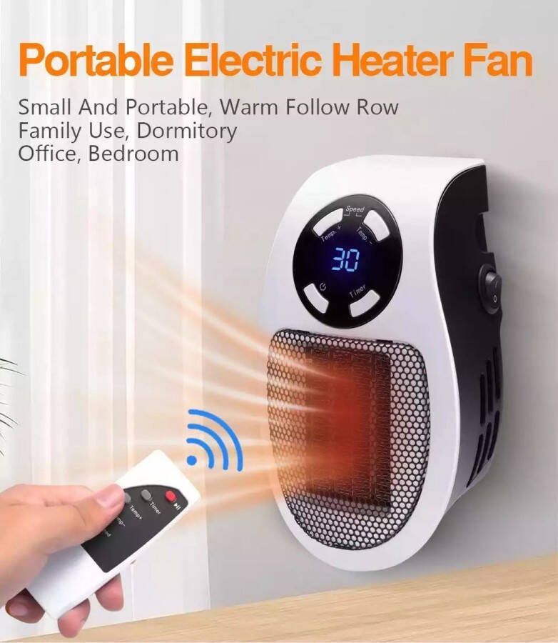 Keramische stopcontact-verwarming Portable Heater 2 warmtestanden 500 Watt Remote Control Plug-In Heater Timerfunctie inclusief Remote Control