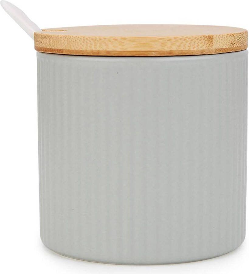 Keramische suikerpot met houten deksel en porseleinen lepel 250 ml mat grijs koffiebar en keuken ontbijt thuis Zoutpot