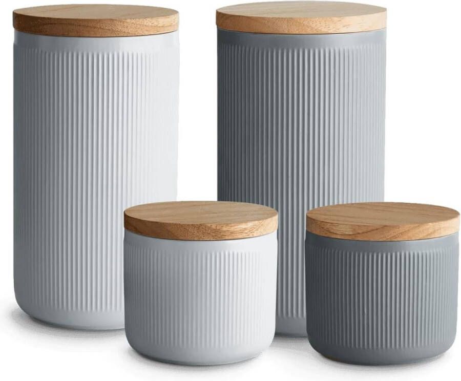 Keramische voorraaddozen 4-delige set met houten deksel strepen rubberen houten deksel bewaardozen vershouddozen
