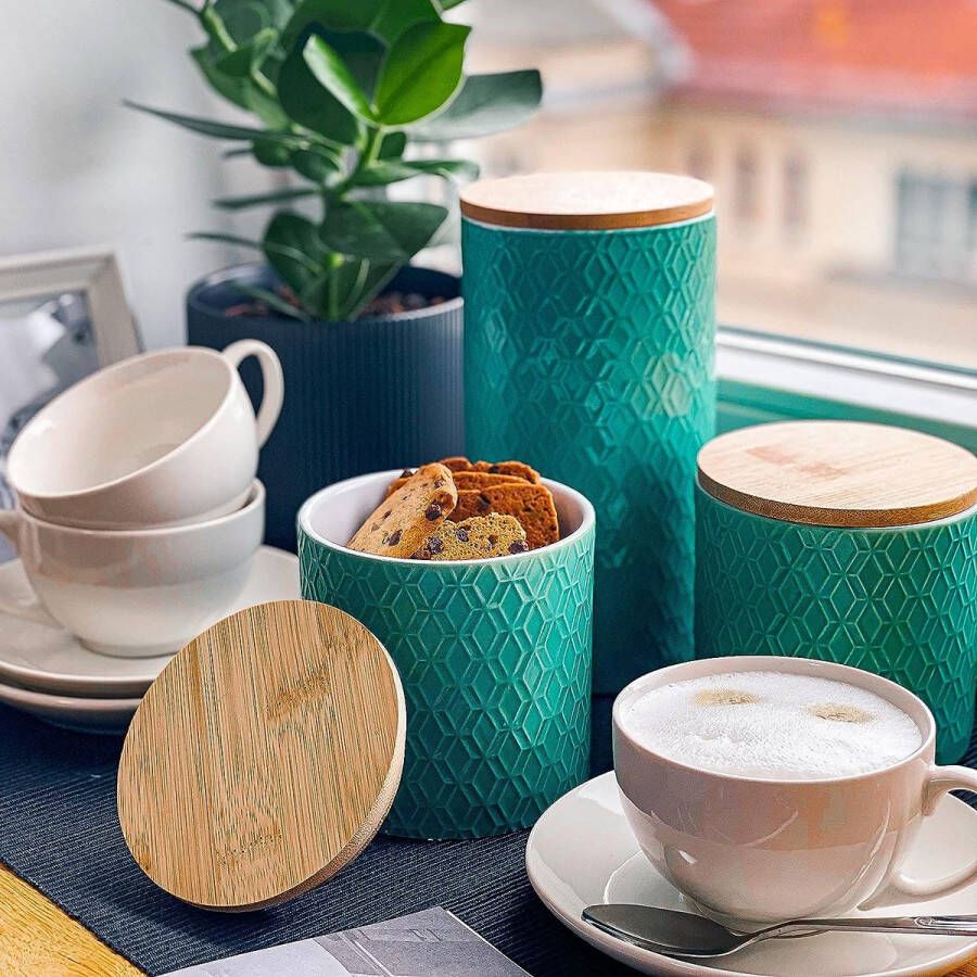 Keramische voorraadpot met deksel set van 3 Vaatwasmachinebestendig & luchtdicht voor koffie thee & specerijen (Turquoise)